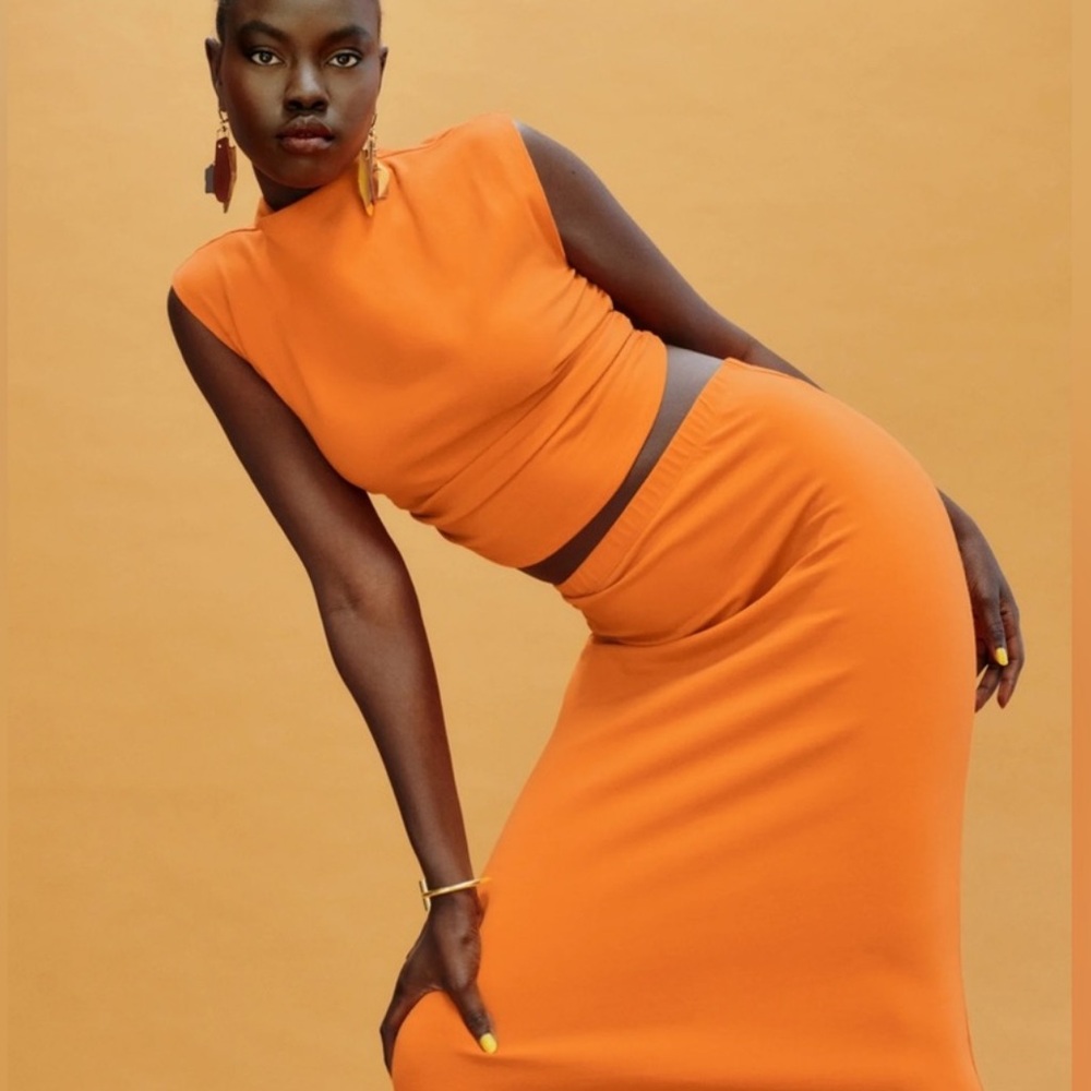 Reformation Foster Knit Two Piece Midi Skirt Set In Citrus Orange Size S